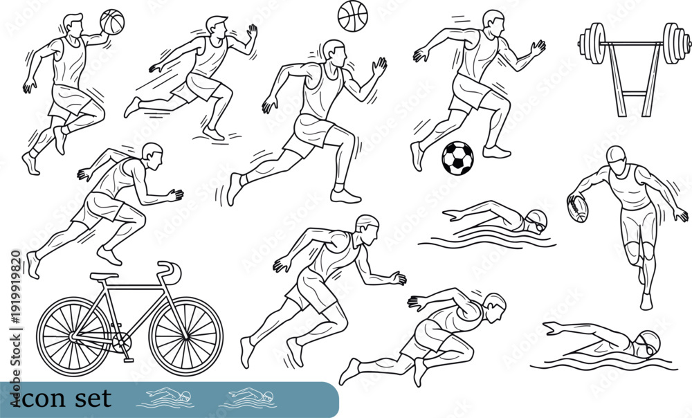 Obraz premium Print Dynamic Athletic Sports and Fitness Icon Set Featuring Action Poses for Running Basketball Soccer Cycling Swimming and Weightlifting Activities
