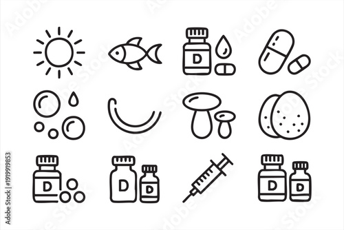 Wellness and Medical Supplement Outline Icons for Clinical Applications