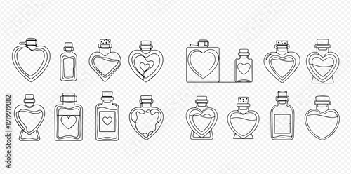 Set of heart-shaped and rectangular bottles with love potions, elixirs, and magic liquid in doodle style.