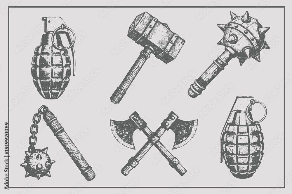 Ταπετσαρία Vintage engraving style spiked flail weapon, hand grenade, battle hammer, double bladed battle axe, medieval mace vector illustration