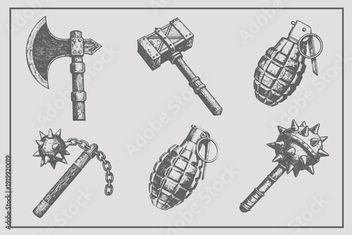 Vintage engraving style spiked flail weapon, hand grenade, battle hammer, double bladed battle axe, medieval mace vector illustration. Eps 10