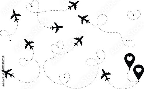 Airplane Travel Route with Dotted Flight Paths and Heart Shapes, Creative Aviation Journey Illustration with Location Pins, Romantic Adventure Concept on Light Background