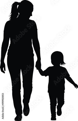 Black silhouette illustration of adult and child walking hand in hand, symbolizing parental care, guidance, companionship, family bond, love, and nurturing relationship.