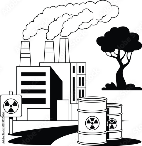 Black silhouette illustration of industrial facility with smokestacks emitting pollution, radioactive waste barrels, and warning