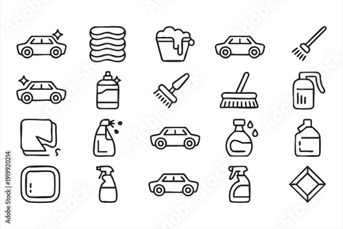 Car Wash and Cleaning Service Line Icon Set with Auto Detailing Tools