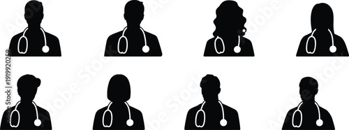 Collection of eight black silhouette icons of diverse medical professionals wearing stethoscopes, symbolizing healthcare workers and professional representation in medicine and healthcare services.