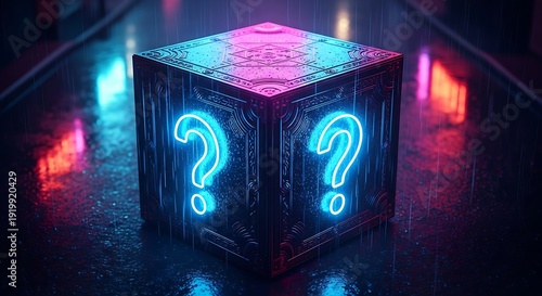 Glowing neon question mark symbols illuminate a dark, rain-slicked container at night