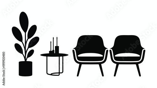 Set of minimalist interior furniture and decor icons.
