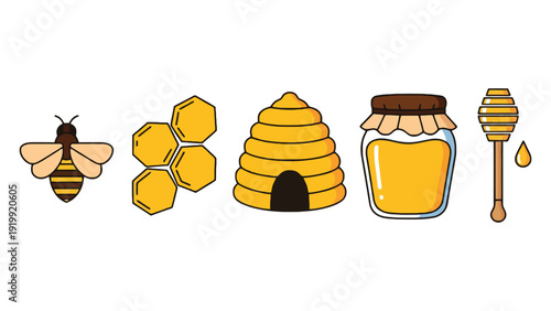 Bee vector illustration set with honeycomb and honey jar