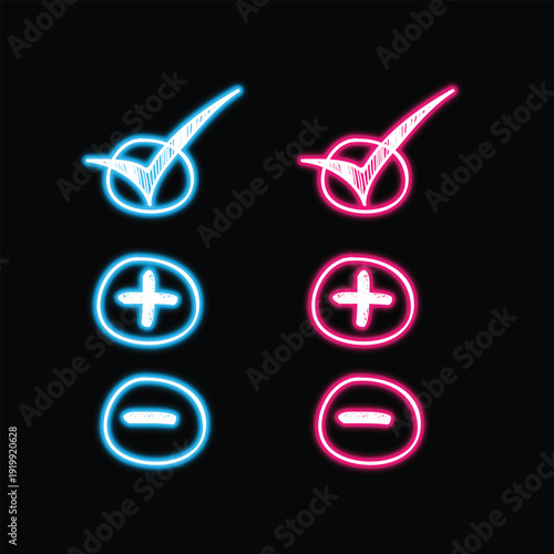Neon style checkmark, plus, and minus symbols on a dark background, neon background graphic, GraphicDesign concept
