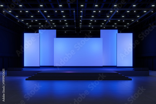 Empty stage Design for mockup and Corporate identity,Display.Platform elements in hall.Blank screen system for Graphic Resources.Scene event led night light staging.3d Background for online.3 render.