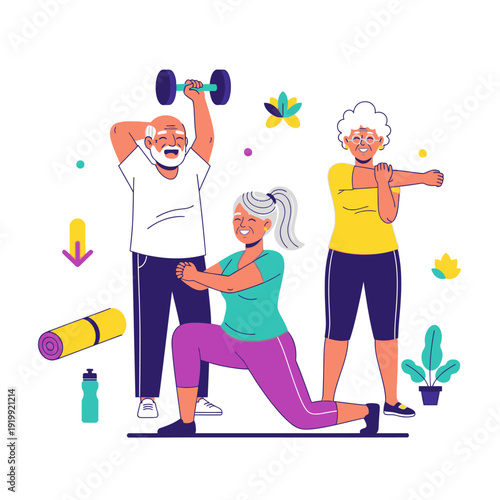Active seniors exercising together: weightlifting, stretching, and lunges