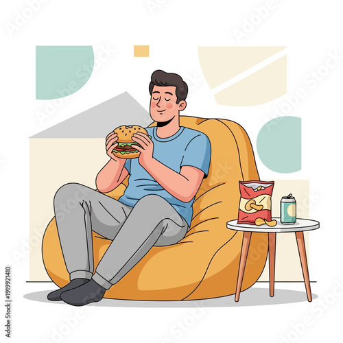 Man Enjoying Burger and Chips on Beanbag Chair, Relaxing Lifestyle