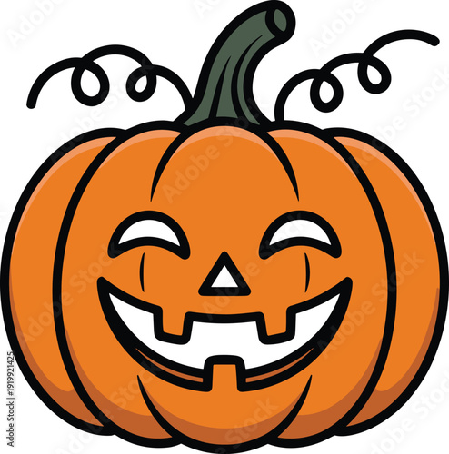 Orange cartoon pumpkin with carved happy face and curly vines halloween jack o lantern