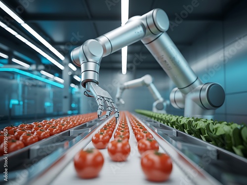 Advanced robotic arm sorting freshly harvested tomatoes on a modern assembly line.