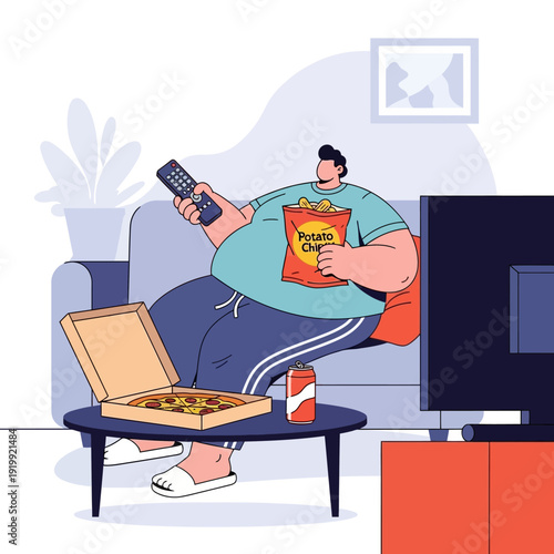 Overweight man eating pizza and chips while watching TV on sofa