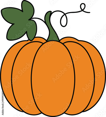 Orange pumpkin with green leaf and curly vine on white background