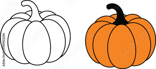 Outline and filled orange pumpkin with black stem on white background