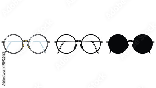 Glasses vector illustration set with round frames and different styles