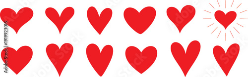 Collection of red heart shapes in different sizes and styles icons