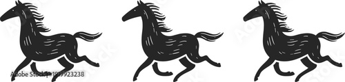 Three black horses running in a row with flowing manes and tails on a white background