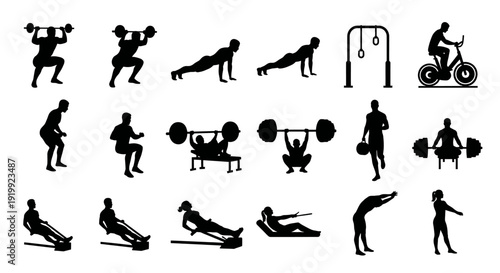 Black silhouettes of people doing various exercises with dumbbells and barbells and machines  fitness and workout icons
