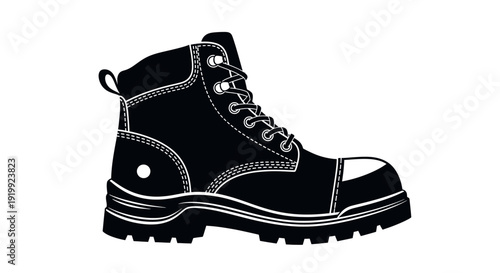 Hightop work boot with laces and thick sole  black and white illustration