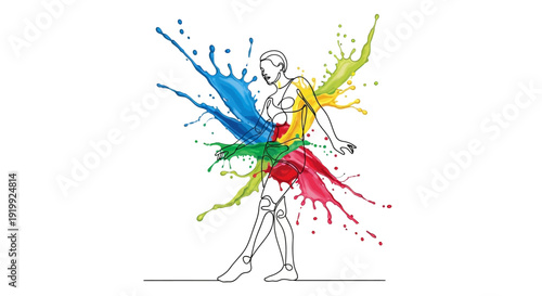 Woman dancing with vibrant colorful paint splashes around her
