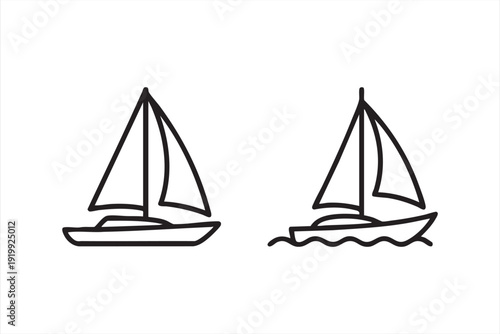 Sailing Boat and Ocean Outline Icons for Marine Adventure Concepts