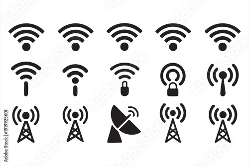 Telecom and WiFi Signal Line Icons for Digital Communication Concepts