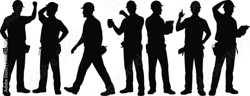 Construction workers silhouette set, industrial labor team with helmets and tools, engineer contractor poses, building site workforce illustration