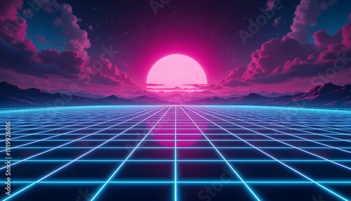Retro synthwave style landscape with thick glowing grid lines. Digital Cyber Surface. Suitable for design in the style of the 1980`s