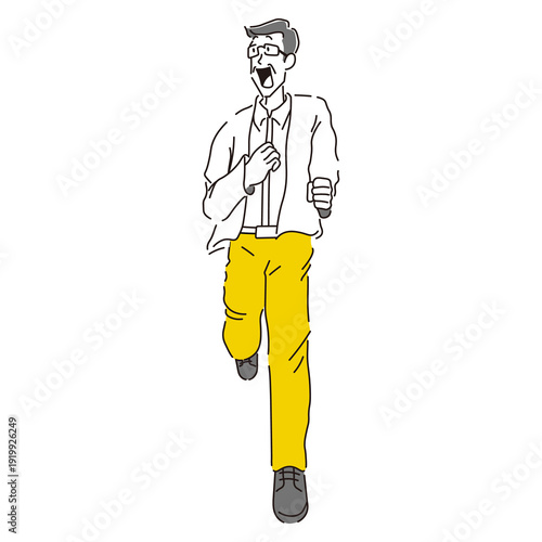 笑顔で走るシニア男性の全身のシンプルな手書き風イラスト素材