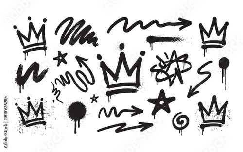 Hand-drawn graffiti style black spray paint crown symbol with drips