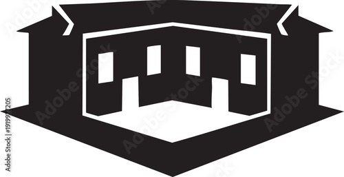 Black silhouette of a stylized house or building exterior