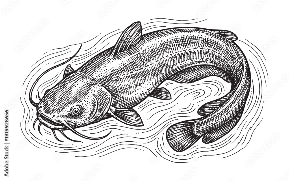 Φωτογραφία swimming catfish in river water vintage engraving illustration
