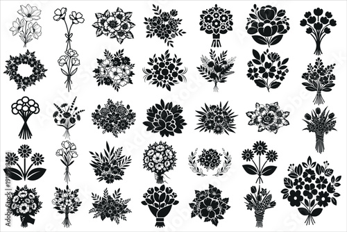 Elegant floral bouquet silhouette in a classic black and white style featuring detailed flower arrangements and botanical leaves.