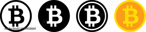 Bitcoin logo variations in black and gold colors