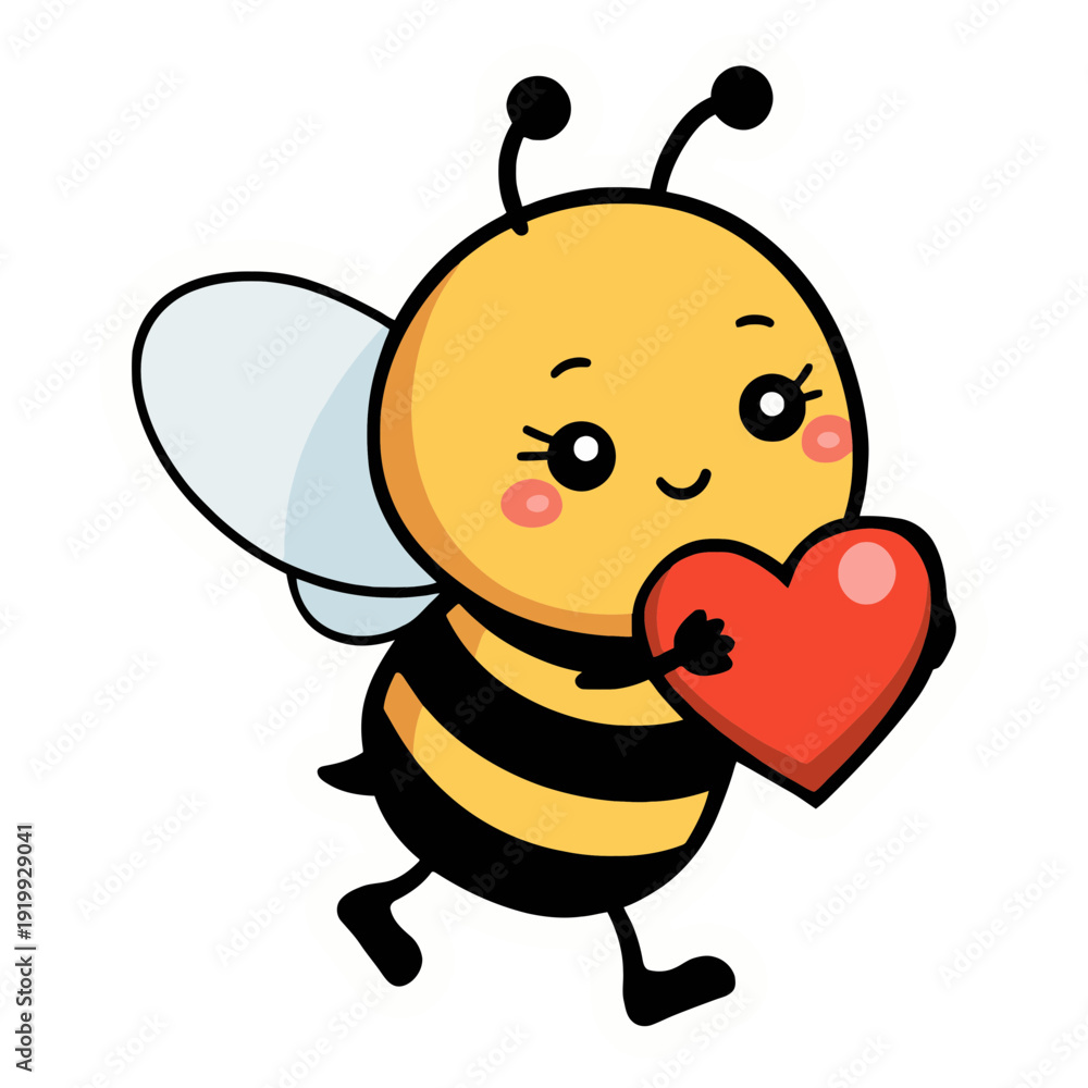 Fototapeta premium Cute Bee Carrying a Heart Friendly Sticker | Adorable Cartoon Bee with Love Illustration | Kawaii Bee Holding Heart Digital Art Sticker | Cheerful Bee Delivering Heart Wholesome Illustration | Sweet 