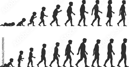Human growth stages silhouette, baby to adult evolution, male and female development timeline, life cycle concept, black vector illustration