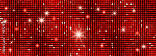 Red disco ball mosaic pattern. Sequin tiles with white star flares. Shimmering grid texture on scarlet backdrop. Party poster, nightclub flyer, dance event, holiday design. Vector seamless.