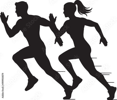 Silhouette illustration of a man and woman running together in a race or training session