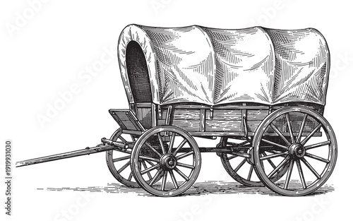 old western covered pioneer wagon vintage engraving illustration