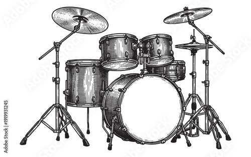 complete acoustic music drum kit with cymbals vintage engraving illustration