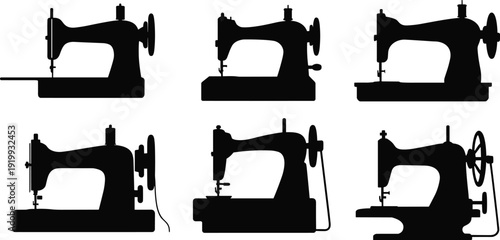 Vintage sewing machine silhouette set, antique tailoring equipment collection, classic black vector illustration, retro fashion craft design