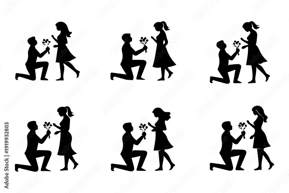 Fototapeta premium Silhouette illustrations depicting a man proposing marriage to a woman