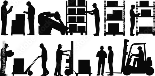 Warehouse workers silhouette set, logistics staff with boxes, forklift operator, cargo handling, inventory management vector illustration isolated on white