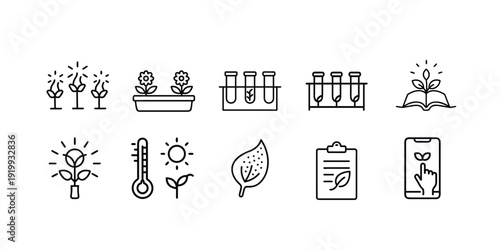Smart agriculture and plant science outline icon set with lab test tube, flower pot, growth monitoring, book knowledge, temperature sensor, leaf health research more vector illustration 
