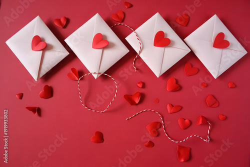 A romantic arrangement of white envelopes with red hearts on a pink background for Valentine's Day