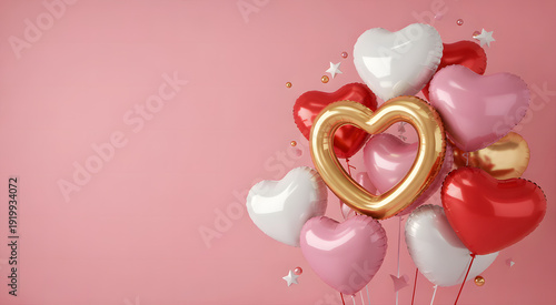 A festive bunch of heart-shaped balloons in various colors against a pink background